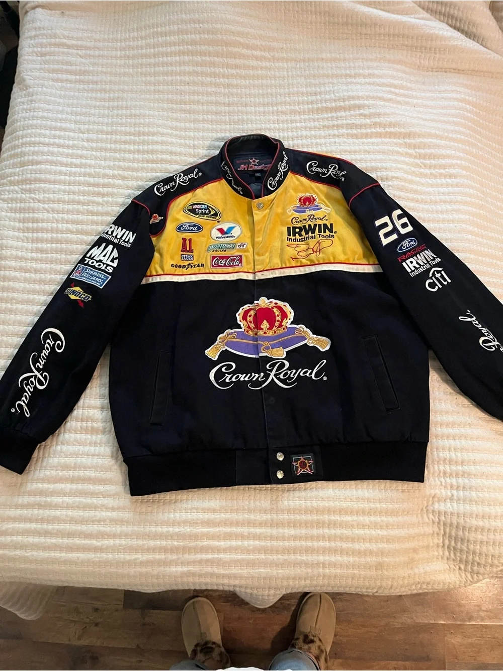 Nascar Crown Royal Black and Yellow Racing Bomber Jacket Jamie McMurray XL